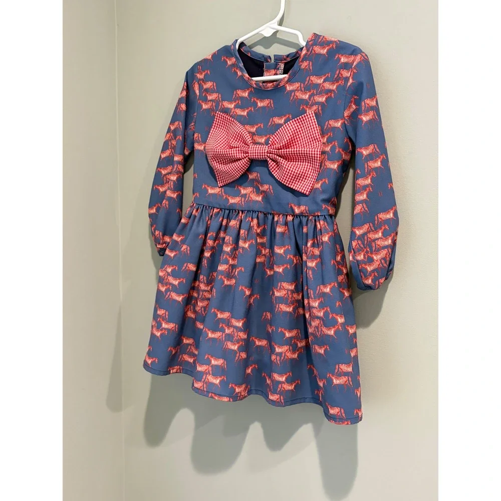 Ronner Children Blue Red Horse Print Dress Gingham Bow Long Sleeve Kids Size 8